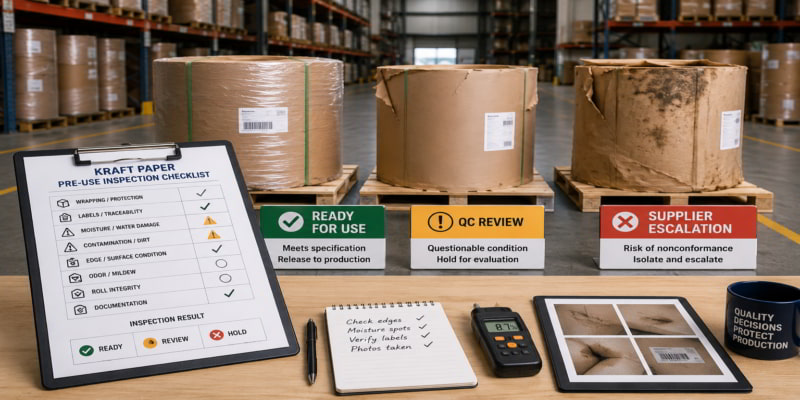 Kraft paper rolls inspected at a warehouse QC table with ready, review, and supplier escalation status cards.