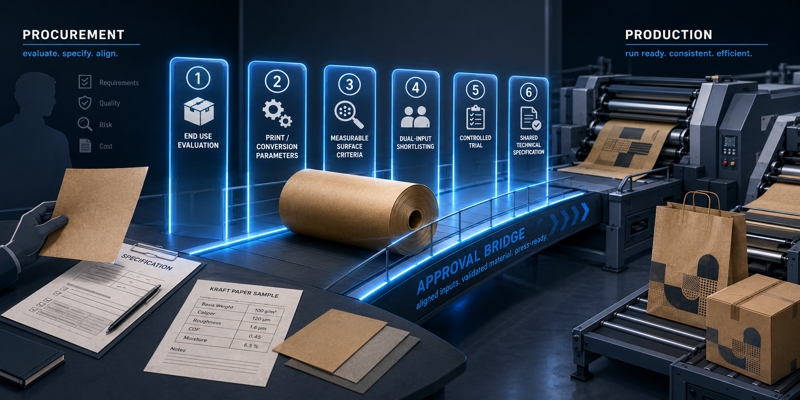 Procurement-to-production workflow for kraft paper approval, showing six steps from end-use evaluation and print parameters to controlled trials and shared technical specifications, with kraft paper rolls feeding into a converting line.