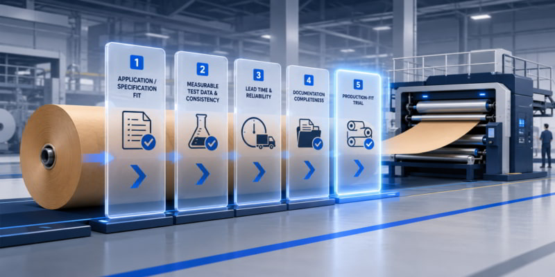 Kraft paper roll passes through supplier approval gates before entering a converting machine.