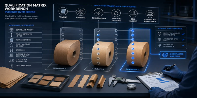 Kraft paper rolls evaluated on a glowing qualification matrix with lab samples and trial validation tools.