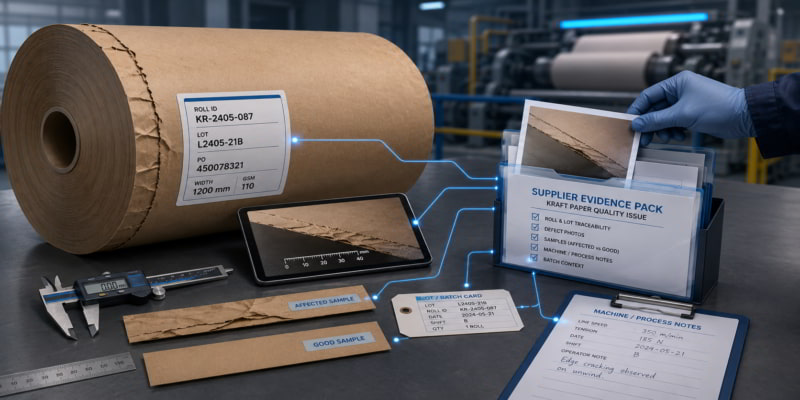 Kraft paper QA workbench with roll label, defect samples, machine notes, and supplier evidence pack in a mill.