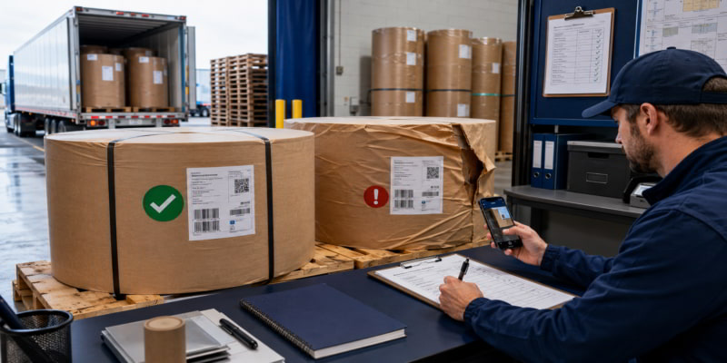 Warehouse worker documents kraft paper roll inspection beside a delivery truck, flagging one damaged roll.