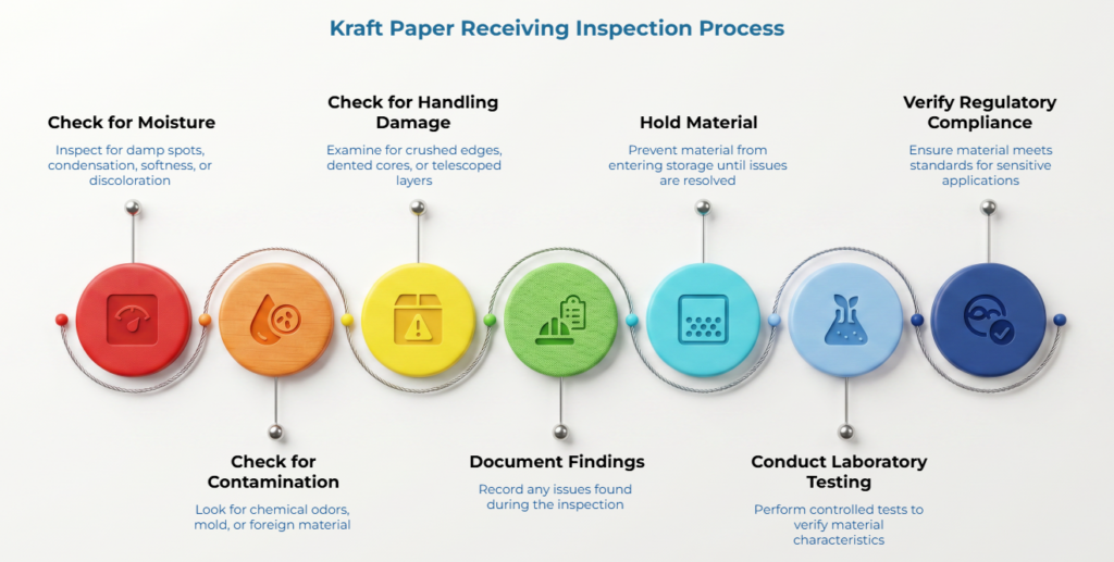 “Kraft Paper Receiving Inspection Process” showing seven linked inspection steps: check moisture, contamination, handling damage, document findings, hold material, conduct laboratory testing, and verify regulatory compliance.