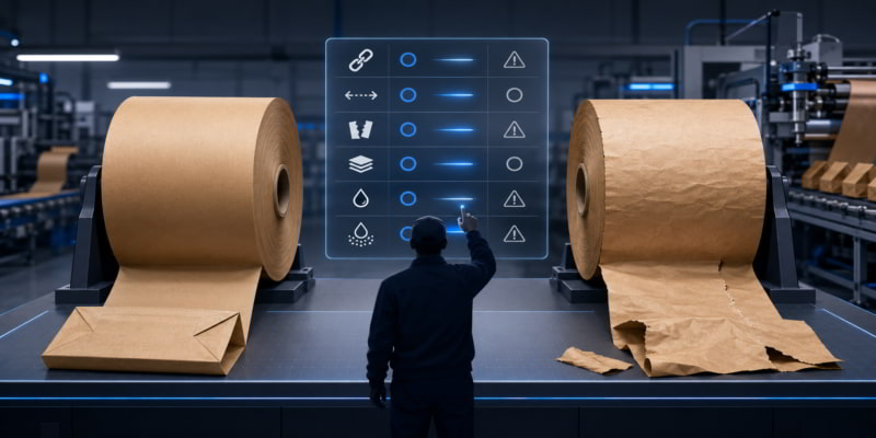 Technician comparing good and defective kraft paper rolls on a QA bench for bag conversion troubleshooting.