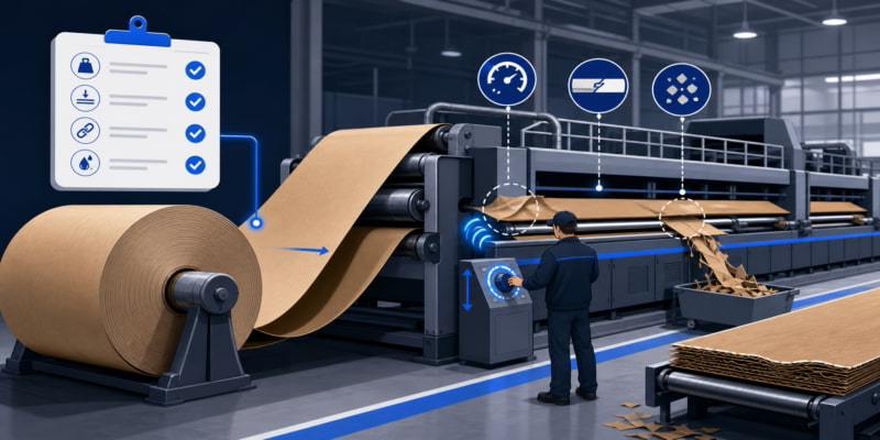 Kraft paper roll feeding a corrugator as an operator adjusts tension despite passed specification checks.