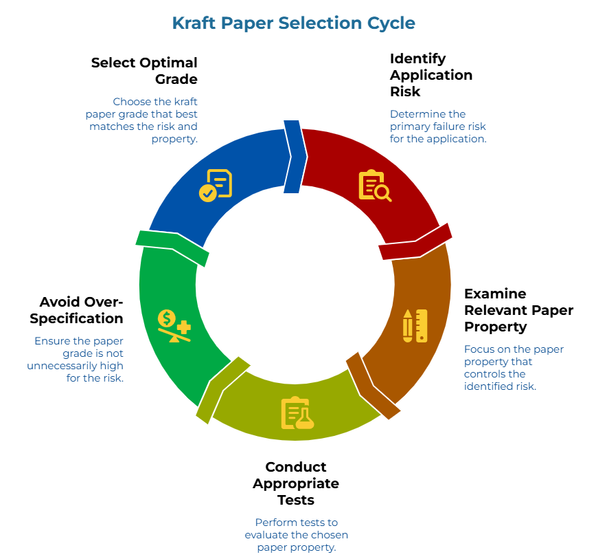 “Kraft Paper Selection Cycle” showing five steps: identify the application’s primary failure risk, focus on the paper property controlling that risk, test the chosen property, avoid over-specifying the grade, and choose the kraft paper grade that best matches risk and property.