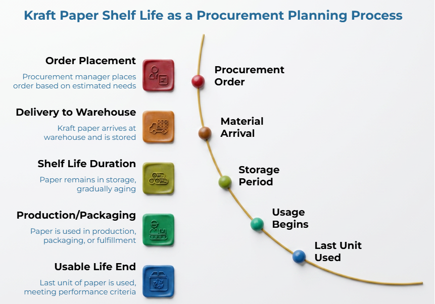 “Kraft Paper Shelf Life as a Procurement Planning Process” showing a timeline from order placement to warehouse delivery, storage period, production or packaging use, and usable life end, ending with the last unit used while still meeting performance criteria.
