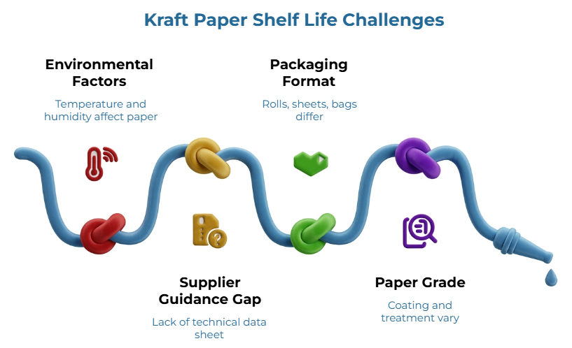 “Kraft Paper Shelf Life Challenges” showing a blue hose with knots and icons for four issues: environmental factors, supplier guidance gaps, packaging format differences, and paper grade variation, including temperature, humidity, missing data sheets, coatings, and treatments.