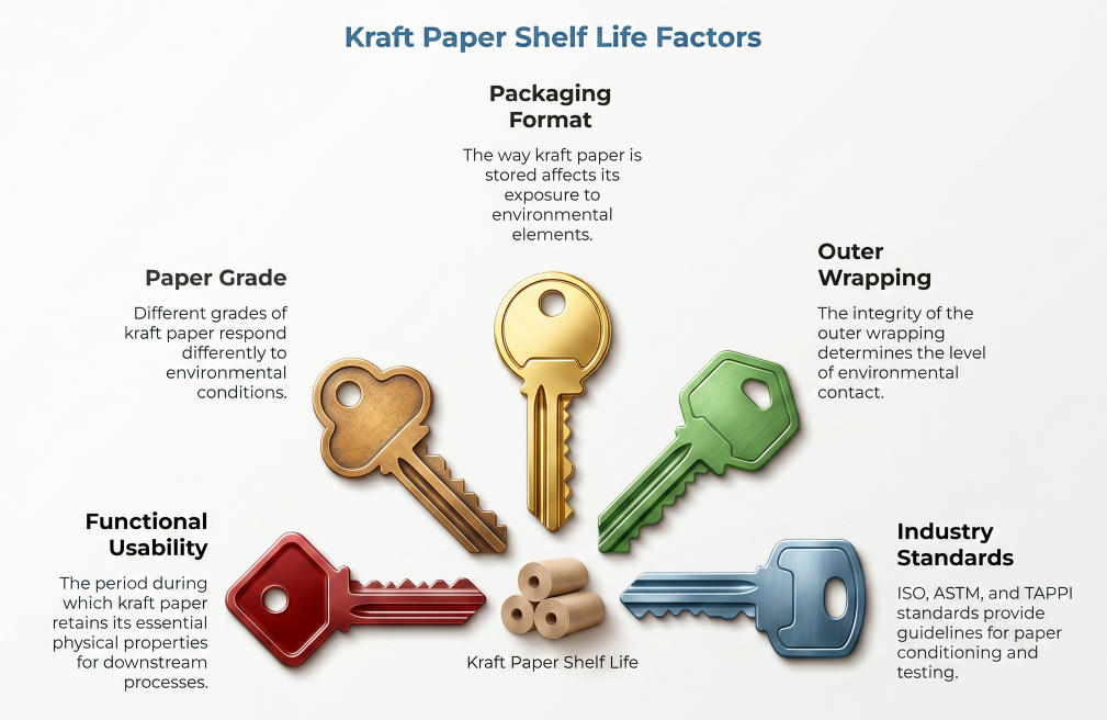 “Kraft Paper Shelf Life Factors” showing five colored keys around kraft paper rolls, highlighting paper grade, packaging format, outer wrapping, industry standards, and functional usability.