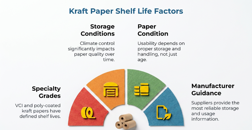 “Kraft Paper Shelf Life Factors” showing four colored segments around kraft paper rolls: specialty grades, storage conditions, paper condition, and manufacturer guidance as key influences on shelf life.