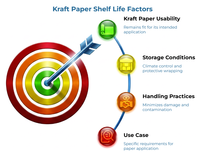 “Kraft Paper Shelf Life Factors” showing a target with an arrow and four key factors affecting usability: kraft paper usability, storage conditions, handling practices, and use case, emphasizing climate control, protective wrapping, damage prevention, and application fit.