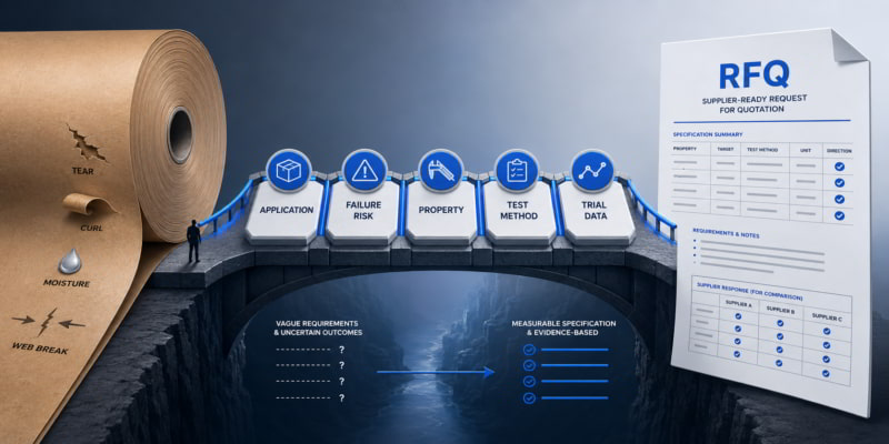Bridge infographic linking kraft paper risks to RFQ specifications with steps from application to trial data.