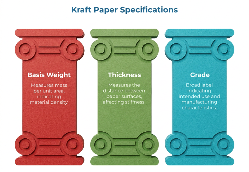 “Kraft Paper Specifications” showing three textured columns for basis weight, thickness, and grade, explaining mass per area, distance between paper surfaces, and intended-use grade labels.