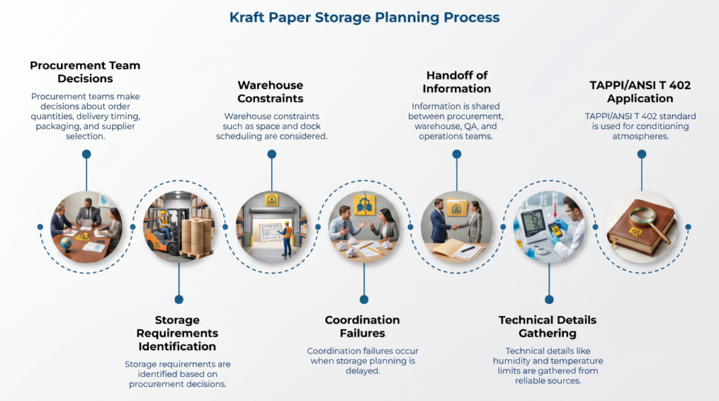 “Kraft Paper Storage Planning Process” showing a seven-step timeline from procurement decisions and storage requirements to warehouse constraints, coordination failures, information handoff, technical details, and TAPPI/ANSI T 402 application.