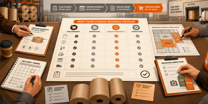 Procurement, warehouse, QA, and operations teams review a kraft paper storage readiness checklist before ordering.