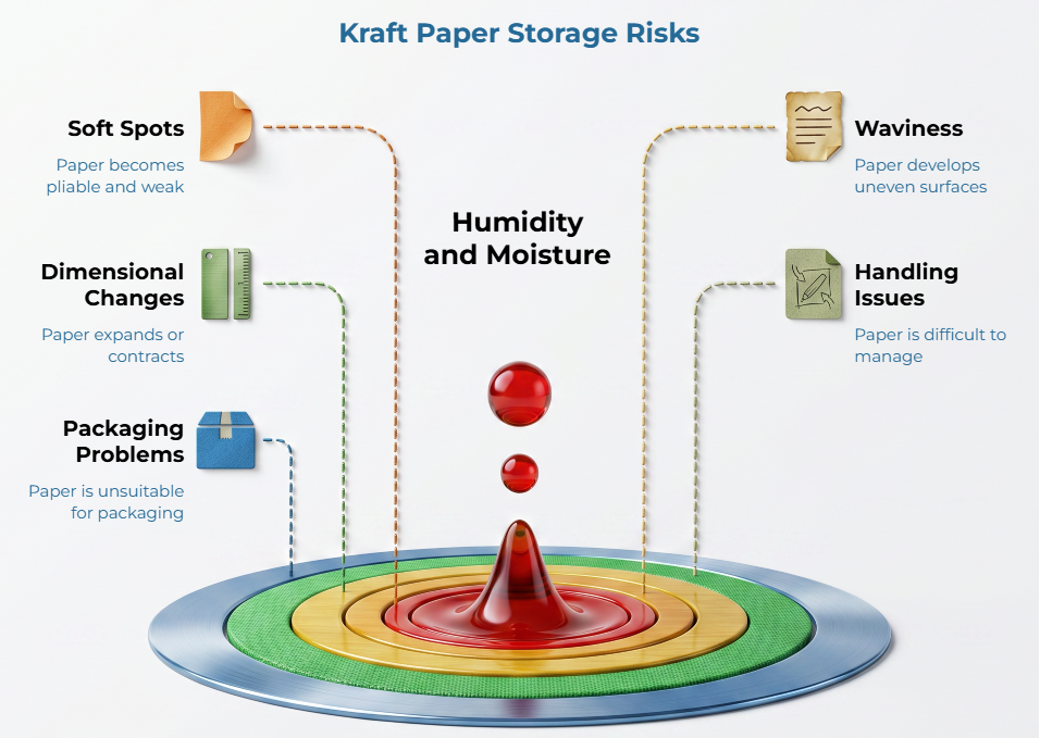 “Kraft Paper Storage Risks” showing humidity and moisture as a central droplet impact, linked to storage problems: soft spots, dimensional changes, packaging problems, waviness, and handling issues that reduce kraft paper usability.