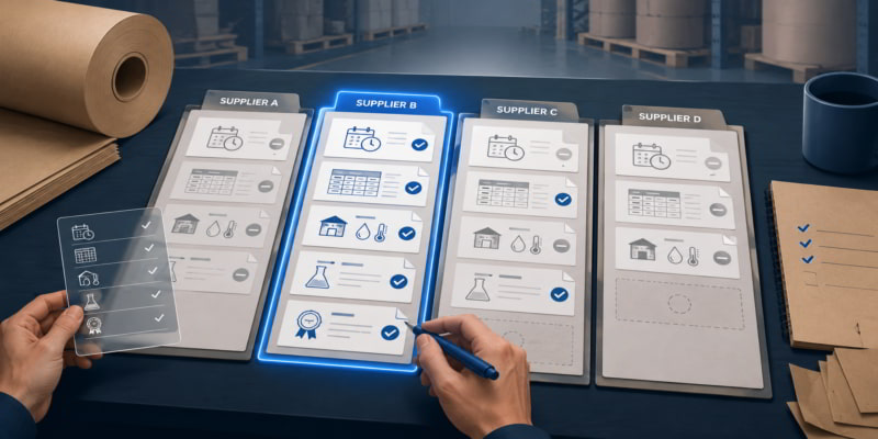 Procurement desk comparing kraft paper supplier documents, with one evidence-backed folder highlighted in blue.