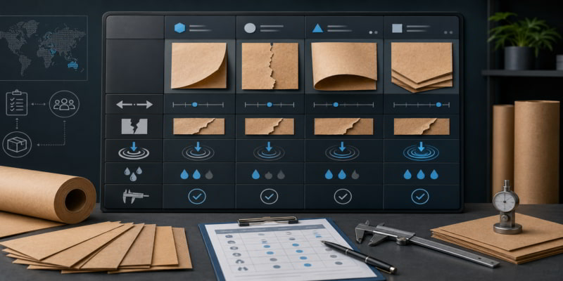 Kraft paper supplier comparison dashboard with durability stress icons, samples, caliper, and spec sheet.