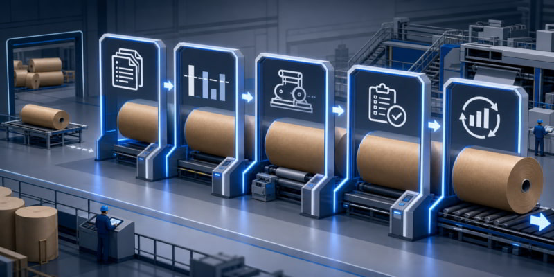 Stylized kraft paper roll passing through supplier approval checkpoints on a production line.