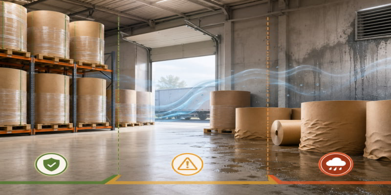 Kraft paper rolls in warehouse risk zones showing safe pallet storage and moisture-damaged floor storage