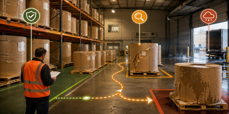 Warehouse inspector reviews kraft paper rolls across safe, inspection, and moisture-risk storage zones.