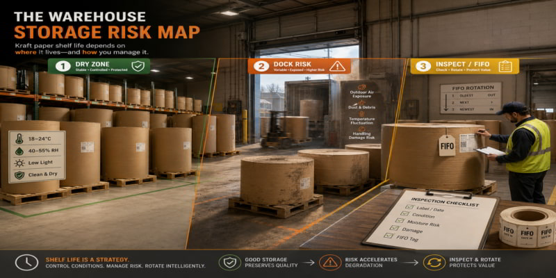 Warehouse risk map showing kraft paper rolls in dry, dock-risk, and FIFO inspection storage zones.