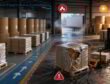 Warehouse storage risk map showing safe kraft paper storage and risky dock, sunlight, and damaged pallet zones.