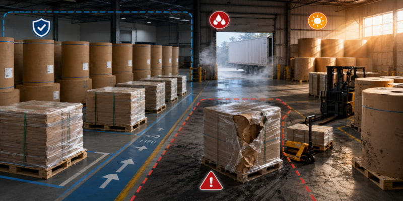Warehouse storage risk map showing safe kraft paper storage and risky dock, sunlight, and damaged pallet zones.
