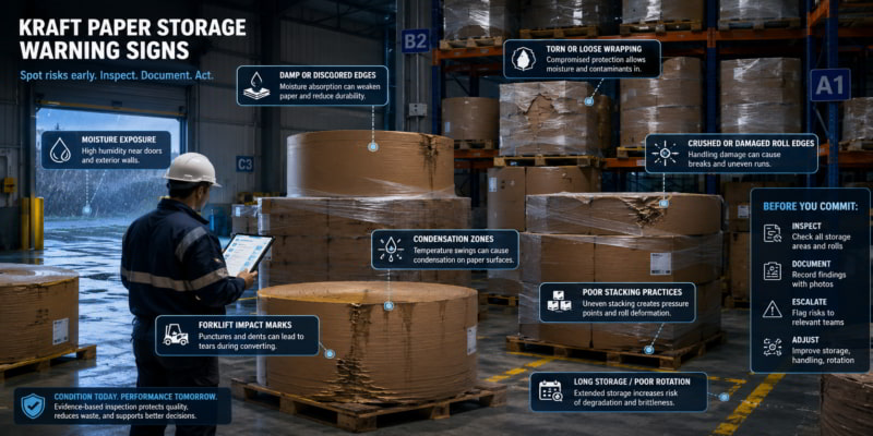 Warehouse inspector checks kraft paper rolls for moisture, torn wrapping, crushed edges, and storage risks.