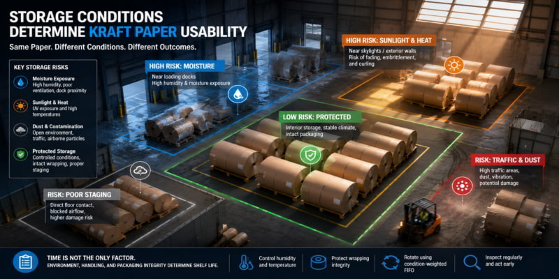 Warehouse risk map showing kraft paper rolls exposed to moisture, sunlight, dust, and protected storage zones.