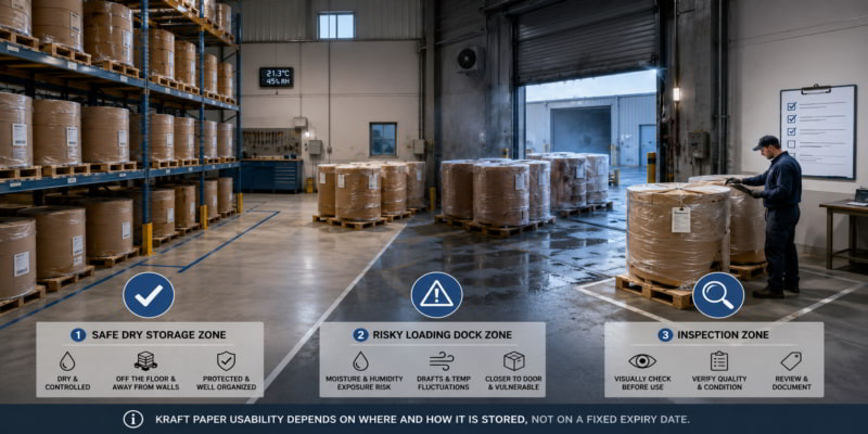 Kraft paper rolls stored across safe, risky, and inspection zones inside a warehouse.