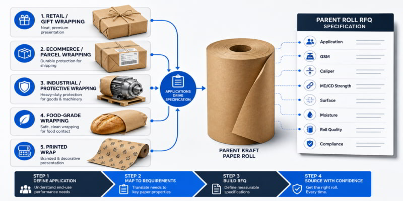 Application-specific kraft wrapping uses mapped to parent roll RFQ specifications.