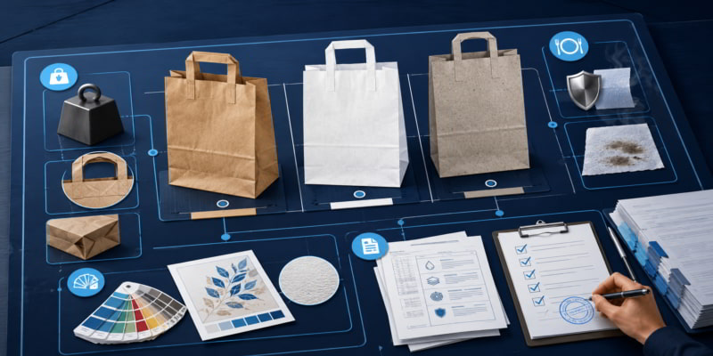 Procurement desk comparing kraft, white, and recycled paper bags with testing, print, and compliance checks.