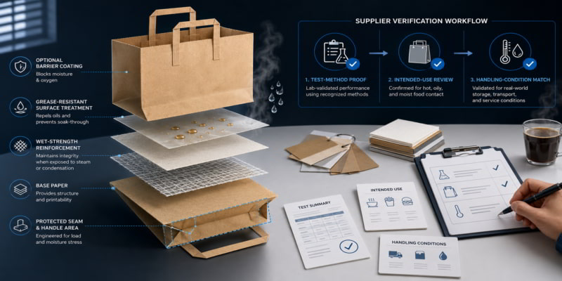 Layered paper bag diagram with supplier verification workflow for grease resistance, wet strength, and barrier coating selection.