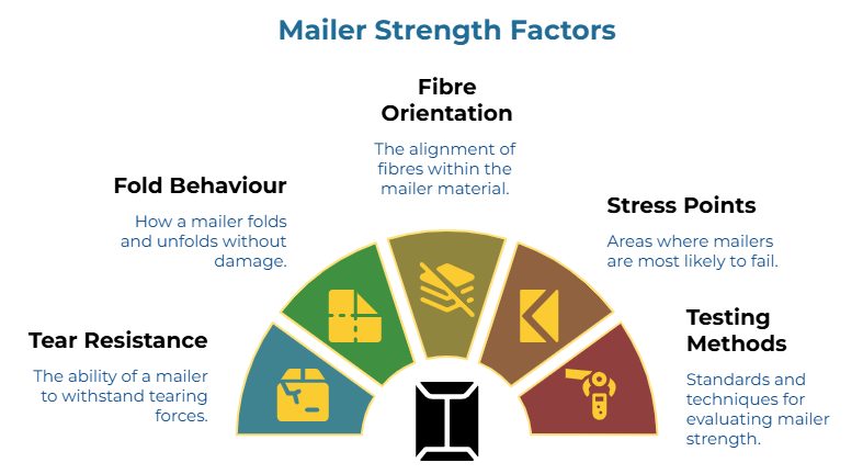 “Mailer Strength Factors” showing five factors affecting mailer performance: tear resistance, fold durability, fiber alignment, likely failure areas, and standards or techniques used to evaluate mailer strength.