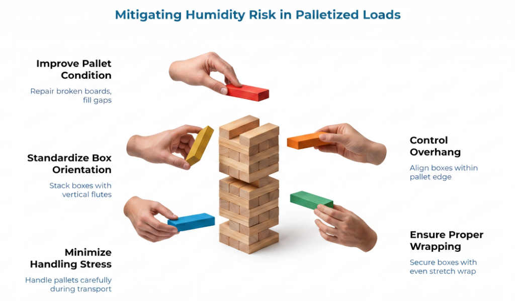 “Mitigating Humidity Risk in Palletized Loads” showing hands placing blocks around a stack, with five controls: improve pallet condition, standardize box orientation, minimize handling stress, control overhang, and ensure proper wrapping.