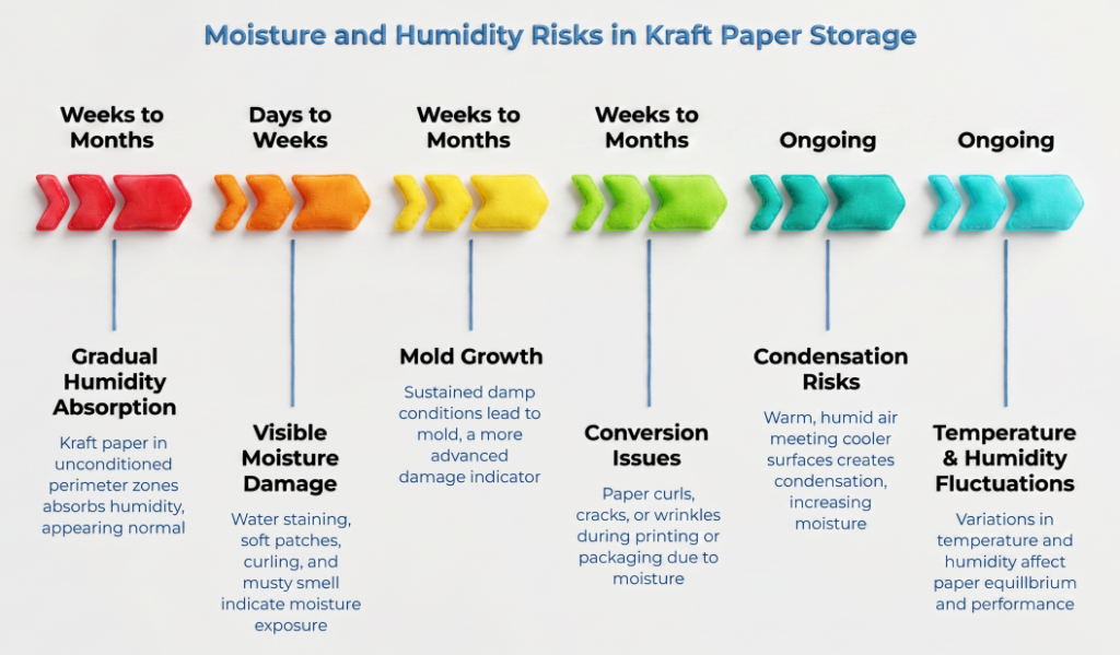 “Moisture and Humidity Risks in Kraft Paper Storage” showing a timeline of risks from gradual humidity absorption to visible moisture damage, mold growth, conversion issues, condensation risks, and ongoing temperature and humidity fluctuations affecting paper performance.