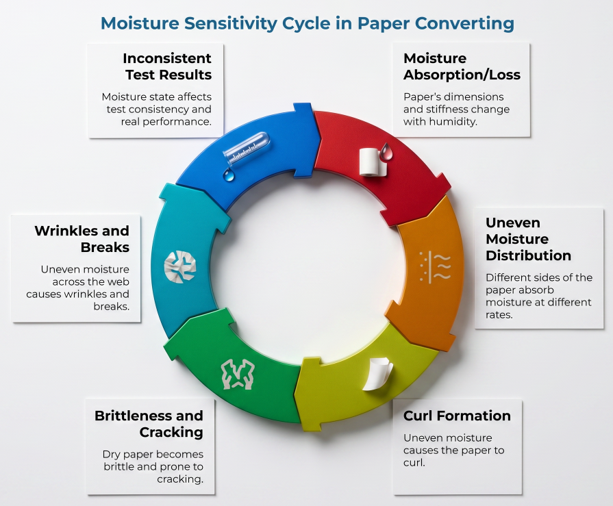 “Moisture Sensitivity Cycle in Paper Converting” showing six moisture-related issues: absorption or loss, uneven moisture distribution, curl formation, brittleness and cracking, wrinkles and breaks, and inconsistent test results affecting real paper performance.