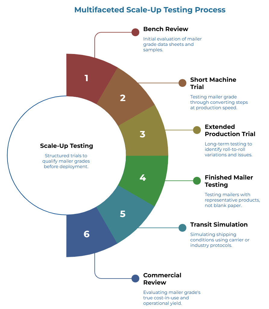“Multifaceted Scale-Up Testing Process” showing six steps for qualifying mailer grades: review data sheets and samples, test at production speed, run long-term roll checks, use representative products, simulate shipping conditions, and evaluate true cost-in-use and yield.