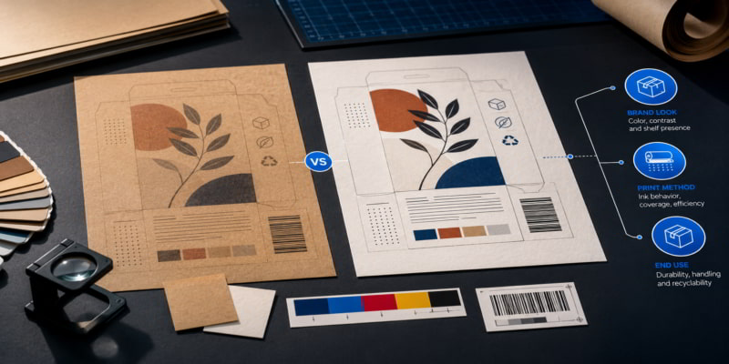 Side-by-side kraft paper proofs comparing brown and bleached substrates for print contrast.