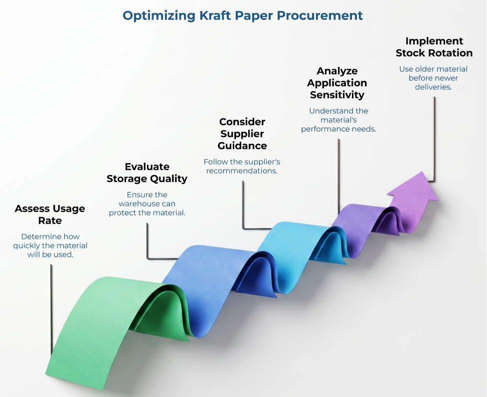 “Optimizing Kraft Paper Procurement” showing an upward wavy paper ribbon with five steps: assess usage rate, evaluate storage quality, consider supplier guidance, analyze application sensitivity, and implement stock rotation using older material first.