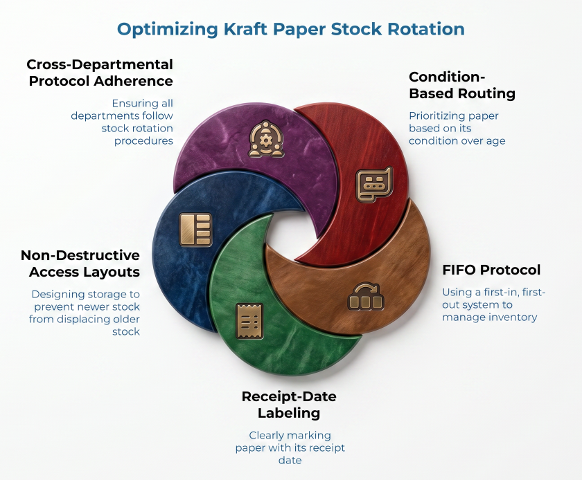 “Optimizing Kraft Paper Stock Rotation” with five colored circular arrows highlighting FIFO protocol, receipt-date labeling, condition-based routing, non-destructive access layouts, and cross-departmental protocol adherence.