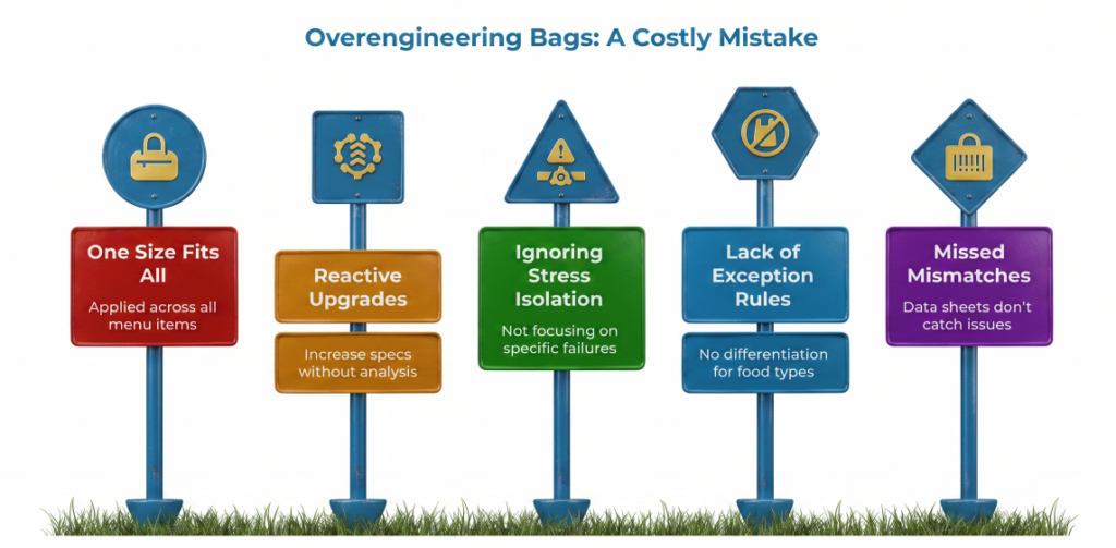 “Overengineering Bags: A Costly Mistake” showing five signposts warning against one-size-fits-all bag specs, reactive upgrades, ignoring stress isolation, lack of exception rules, and missed mismatches from data sheets.