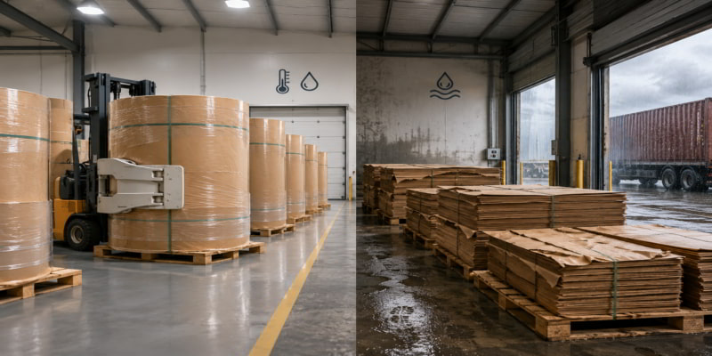 Split infographic compares kraft paper rolls in controlled storage versus humid high-stress conditions.