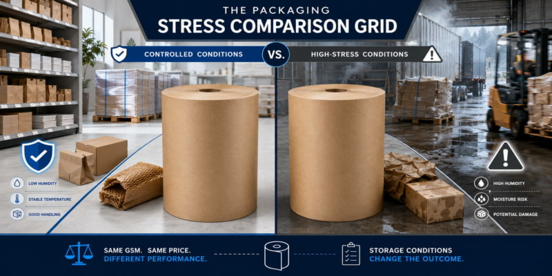 Split infographic compares kraft paper rolls in controlled storage versus humid high-stress conditions.