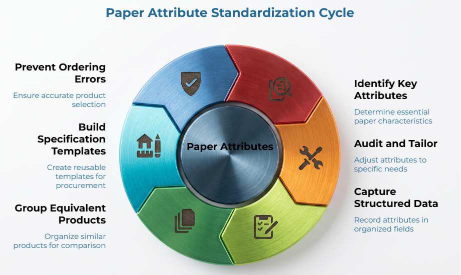 “Paper Attribute Standardization Cycle” showing a circular workflow around paper attributes: identify key attributes, audit and tailor, capture structured data, group equivalent products, build specification templates, and prevent ordering errors.