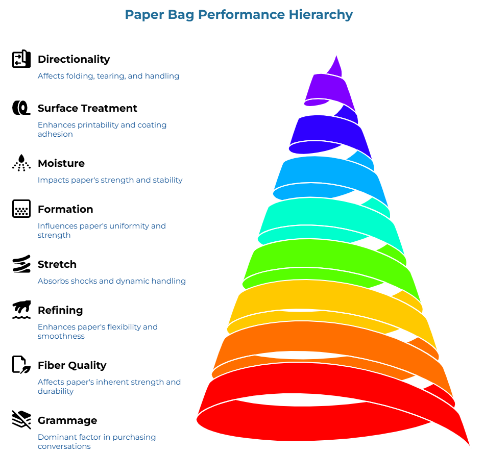 “Paper Bag Performance Hierarchy” showing layered factors from purchasing priorities to durability, flexibility, shock absorption, uniform strength, stability, printability and coating adhesion, and folding, tearing, and handling performance.