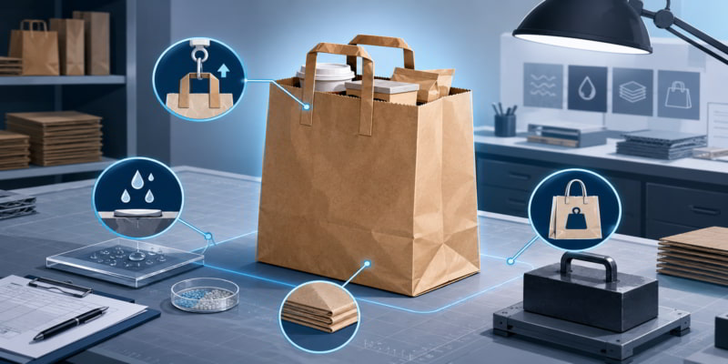 Paper bag on a testing table with callouts for handle strength, moisture exposure, base seam construction, and load review.
