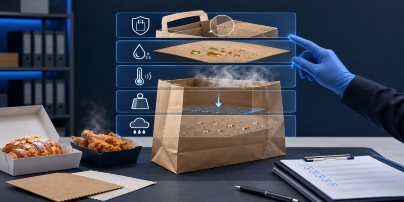 Paper bag inspection scene with layered checks for strength, grease, steam, load, and moisture in food packaging