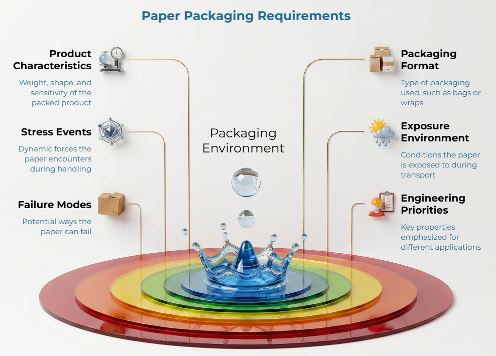 “Paper Packaging Requirements” showing packaging environment as a water-drop splash on layered disks, with six linked factors: product characteristics, stress events, failure modes, packaging format, exposure environment, and engineering priorities.